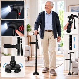 Folding Walking Cane for Seniors with LED Light, Alarm & 4-Foot Base – Adjustable Travel Cane