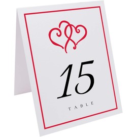 Linked Hearts and Border Wedding Table Numbers (Select Color/Quantity), White, Ruby Red, 1-70, Double Sided, Tent or Use in a Stand, Great for Parties & Restaurants