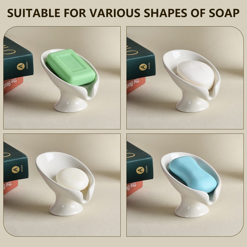 Soap Dish, Soap Holder Self Draining Leaf Shape Ceramic Soap