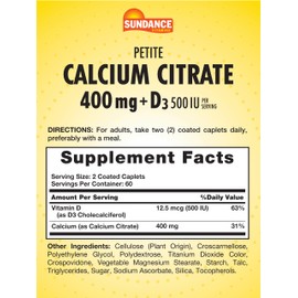 Sundance Calcium Citrate 400mg with Vitamin D3 | 120 Caplets | Vegetarian, Non-GMO, and Gluten Free Supplement