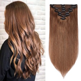 S-noilite Clip in Hair Extension Human Hair Double Weft 8pcs 150g 20 Inch Light Brown Clip in Real Human Hair Extension for Women Adding Natural Volume Thick Clip in Extension #6