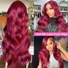 Suresen 34 Inch 99j Burgundy Lace Front Wigs Human Hair 13x4 HD Transparent Body Wave Lace Frontal Wigs 180% Density Human Hair Wig for Women Wine Red Lace Front Wig Human Hair Pre Plucked