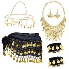 Hpbaggy Women's Belly Dance Accessories, Belly Dance Hip Scarf with Gold Coins, Earrings, Necklace, Bracelets and Headpiece, Jewellery Set, Belly Dance, Belly Dance Costume for Carnival, Theme Party,