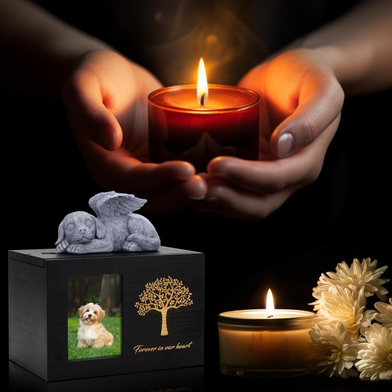Black Wooden Pet Urn with Dog Statue and Cloth Ash