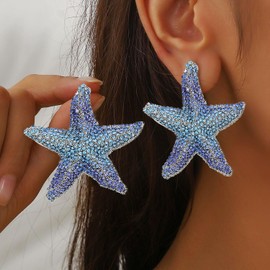 Starfish Stud Earrings for Women Rhinestone Big Starfish Earrings Vintage Boho Ocean Earrings Summer Beach Jewelry Gift for Women (Color)
