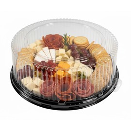 PACTOGO 18" Round Black Plastic Cater Trays with Clear Dome Lids - Disposable Stackable Serving Platters for Parties, Holidays, Events, and Buffet (Pack of 5 Sets)