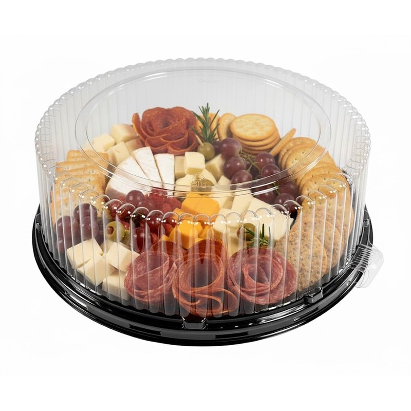 PACTOGO 18" Round Black Plastic Cater Trays with Clear Dome