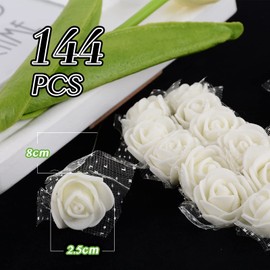 BETESSIN Artificial Roses Mini Foam Roses with Tulle White Decorative Flowers Foam with Stem 2.5 cm Artificial Rose Heads DIY Rose Heads Artificial for Crafts Party Wedding Bridal Bouquet Gift Pack of