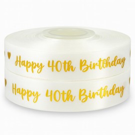 Gold Swirly Foil Print Happy 40th Birthday Ribbon Satin 2m x 25mm for Cakes, Bday Cakes Gift Wrap Wrapping Ribbon Cards Decorations Craft