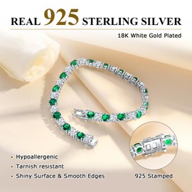 AGRULE May Birthstone Bracelet 7.25 Inch Length Sterling Silver Brillant Diamond Accented 5mm Round Cubic Zirconia and Green Emerald Tennis Bracelet for Women, 22.2 Cttw