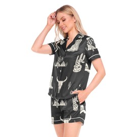 JULYTO Womens Pajama Sets Button Western Theme Short Pajama Set for Women Boot Silk Satin Pajamas Set for Women L Multi