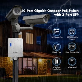 MokerLink Outdoor 10 Port Gigabit PoE Switch, 8 Gigabit PoE, 2 Gigabit SFP, 96W IEEE802.3af/at, IP65 Weatherproof Plug & Play Network Switch