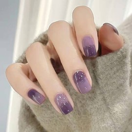 BABALAL Short Press on Nails Square Fake Nails Squoval Nails with Design Glossy False Nails Ombre Purple Artificial Nails for Women and Girls