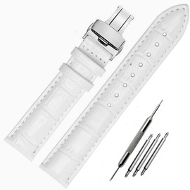 FOUUA Watch Straps Genuine Leather Alligator Embossed Replacement Folding Clasp Bracelets 12 13 14 15 16 17 18 19 20 21 22 24 mm, White, Strap.