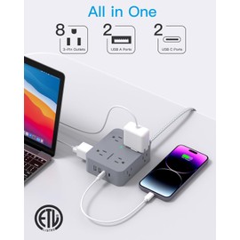Power Bar with USB C Ports(2 USB C), 8 Outlets Surge Protector with 5 Ft Extension Cord, Flat Plug Wall Mount, Desk Charging Station for Home Office, ETL Listed Gray