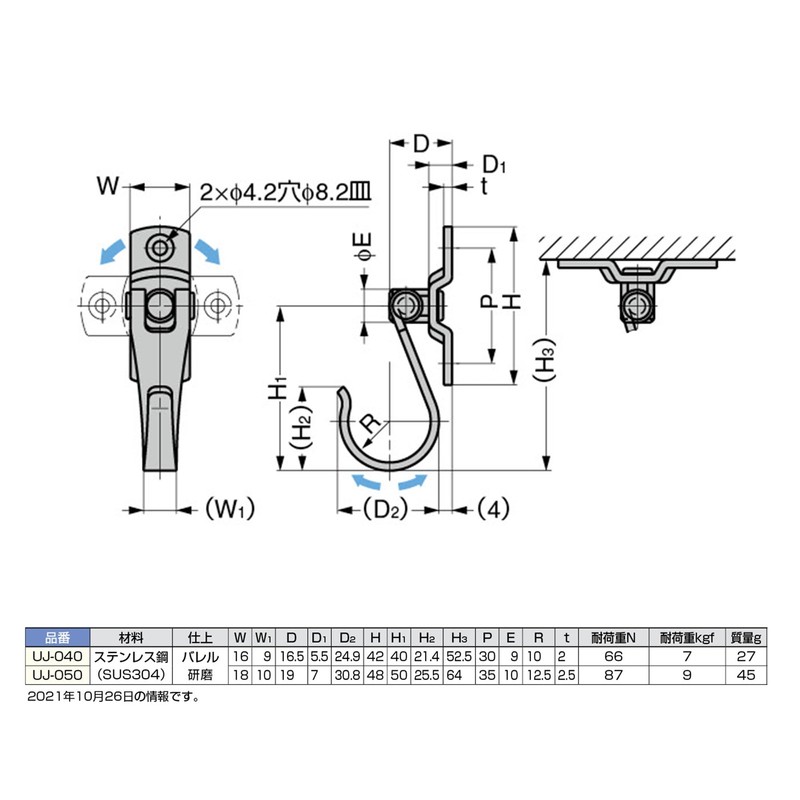 スガツネ工業 ランプ印 ステンレス鋼製フレックスフック UJ型 UJ-040