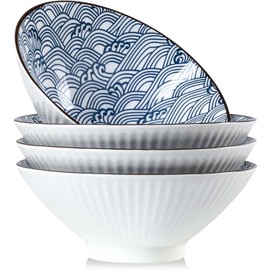 QINLANG 38 oz Japanese Ramen, Soup, Pho & Noodle Bowls - 8 in Blue and White Ceramic Set of 4, Wave Pattern