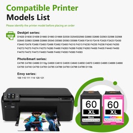 60XL Ink Cartridges Combo Pack Compatible Ink Cartridges Replacement for PhotoSmart D110 C4780 C4680 C4795 Deskjet D2680 F2430 F4210 Envy 110 120 Printer (2-Pack, 1Black/1Tricolor)