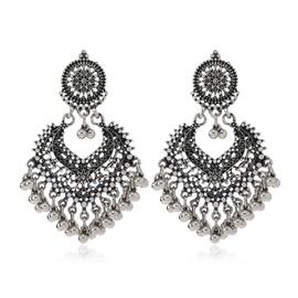 Boho Ball Tassel Statement Dangle Earrings for Women Girls Vintage Flower Heart Shaped Beaded Chandelier Drop Dangling Earring Lightweight Indian Bollywood Jewelry Gifts for Jhumka Festival Holiday Christmas (Silver Plated)