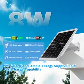8W Solar Panel Built-in with 12000mAh Battery for Security Camera Outdoor, 3in1 Plug Charger Panel for Ring/Eufy/Wyze Battery cam, Support Emergency Power for Camping Hiking Lights, Phones, Tablet PC