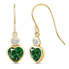 Gem Stone King 14K Yellow Gold Dangle Earrings Heart Shape Green Nano Emerald and Moissanite (1.20 Cttw)