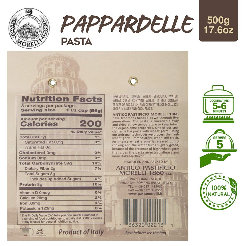 Morelli Organic Pappardelle Pasta Noodles - Imported Pasta from Italy,