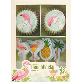 DECOCINO BeachParty Muffin Set 48 Pieces – 24 Cupcake Cases with Diameter 5 cm & 24 Paper Muffin Toppers, Ideal Decoration for Children's Birthdays & Theme Parties