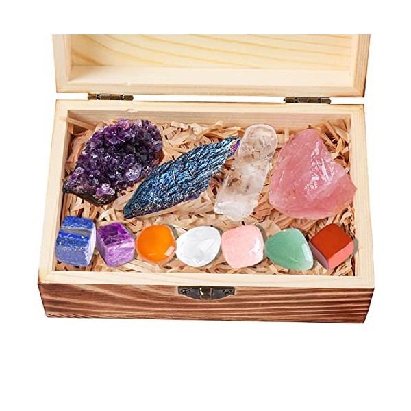 Chakra Crystals and Healing Stones Premium Collection in Wooden Box - 7 Tumbled Chakra Stones, Amethyst Crystal, Rose Quartz, Raw Quartz Crystal, Tourmaline, for Gift, Healing, Meditation Rose Quartz