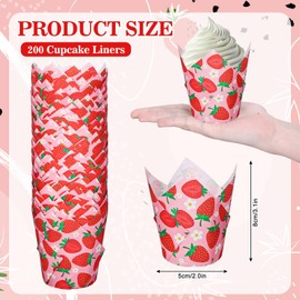 Whaline 200Pcs Strawberry Tulip Cupcake Liners Strawberry Muffin Tulip Baking Cups Red Pink Fruit Theme Tulip Cupcake Wrappers for Summer Wedding Baby Shower Birthday Party Decor