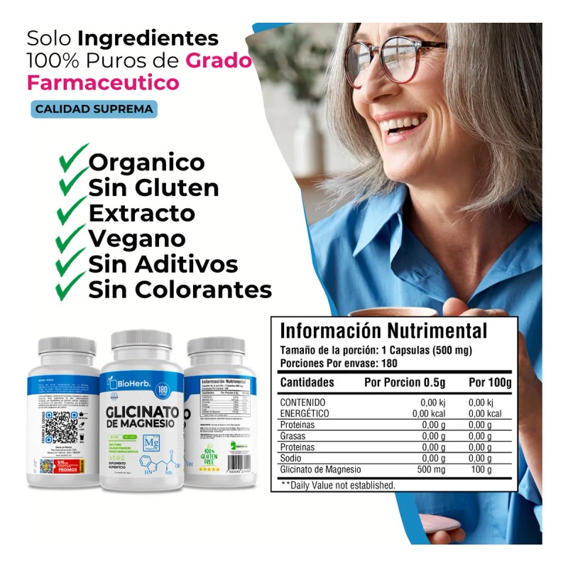 Glicinato De Magnesio 100% Puro Bioherb 180 Cápsulas 500mg Sabor