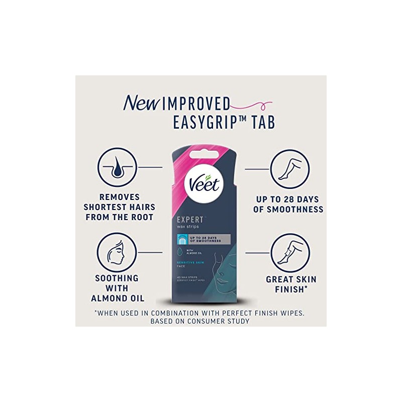 Veet Expert Face Cold Wax Strips, Sensitive Skin, 40 Strips,