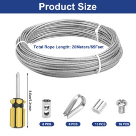 Wire Rope Stainless Steel 20 m, Stainless Steel Rope 1.5 mm, 304 Stainless Steel Cable Set with Wire Rope Clamp, Wire Rope Thimbles, Aluminium Sleeves, Tension Wire Rope Tension Set, Wire Rope Trellis