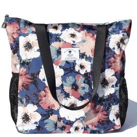 ESVAN Original Floral Waterproof Large Tote Bag for Gym Beach Travel Daily, Brown white flower