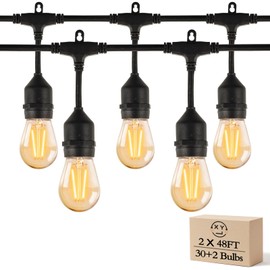 Xylenthia Outdoor String Lights,Super Bright LED - 2 Pack 48FT 15 S14 Bulbs(1 Spare), IP65 Waterproof, Commercial Grade & Shatterproof, Dimmable, UL Listed for Patio, Porch, Backyard, Gazebo