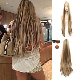 Xiweiya Light Blonde Mixed Brown Highlight Lace Front Straight Wigs Long Silky Straight Ombre Blonde Synthetic Lace Wig Heat Resistant Fiber Hair for Women 24inch