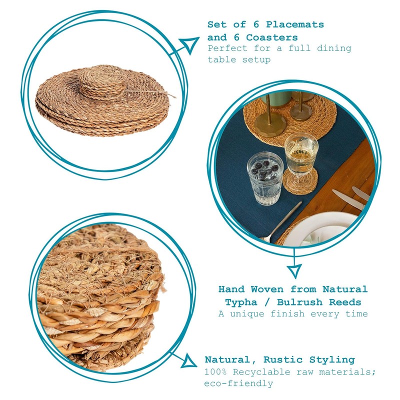 12 Piece Water Hyacinth Wicker Weave Placemats & Coasters -