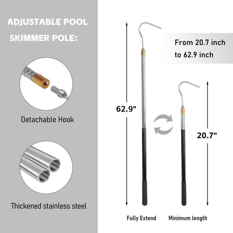 buccilly Pool Skimmer Basket Hook Extendable Pool Filter Skimmer Handle