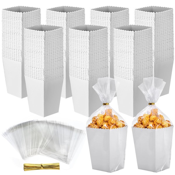 120 Pcs Small Popcorn Boxes, 2.2 x 4.2 x 3 Inch Mini Paper Popcorn Box Popcorn Cups with Clear Cellophane Bag, Disposable White Popcorn Boxes for Party