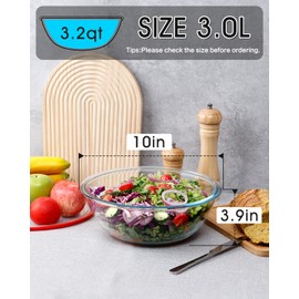 NUTRIUPS 3-Quart Large Glass Mixing Bowls with Red Lid, Salad Bowl with Lid 2-Pieces, Clear Glass Bowl