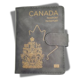 RedDeer Canada Passport Holder Wallet Premium PU Leather Travel Passport Wallet RFID Blocking Passport Cover Case Travel Documents Organizer with Pen Holder, for Women and Men (CAN- Gray)