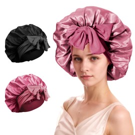 Silk Satin Hair Bonnet for Sleeping - 2PCS Silk Sleep Bonnets for Women Curly Hair, Soft Breathable Satin Bonnet with Tie Band Hair Wrap Cap for Sleeping (#01)