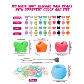 120pcs Silicone Hair Beads for Kids Girls, Silicone Hair Beads in 10 Colors and 4shapes, with Rubber Bands & Quick Beader. Butterfly Heart and Star Women Girls Braids Accessories.