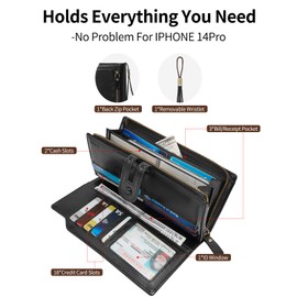 TFKGS Wallet for Women RFID Blocking Leather Large Capacity Card Holder Ladies Phone Clutch Travel Long Purse Wristlet, 3-Black, Vintage