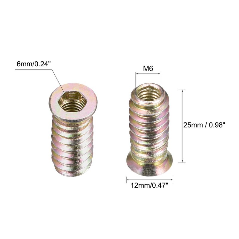 sourcing map Wood Furniture M6x25mm Threaded Insert Nuts Interface Hex