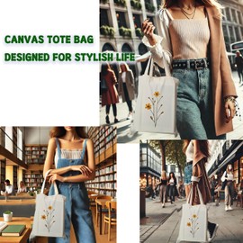 COMCONHMY Flower Aesthetic Canvas Tote Bag for Women, Floral Reusable Grocery for Shopping with Inner Pocket and Zipper, 14" x 15" (1.YellowFlowerOne)