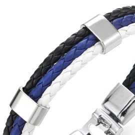 COOLSTEELANDBEYOND Blue White Black Braided Leather Bracelet Women Men Three Strands Rows Wrap Sweatband Minimalist, Faux Leather, Non-applicable