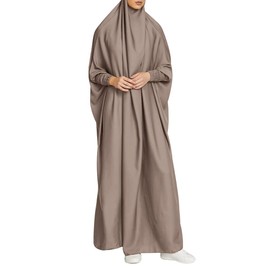 OBEEII Womens Muslim Dress Prayer Clothes Islamic Dubai Turkish Robes Full Length Dress with Hijab Khaki One Size