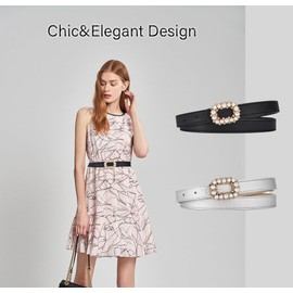 COTIM COYIN Women's Belt Elegant Pearl Shiny Rhinestone Rectangle Buckle Belt, Skinny Leather Adjustable Belt, White, 1.9*105cm/0.75*41.34inches