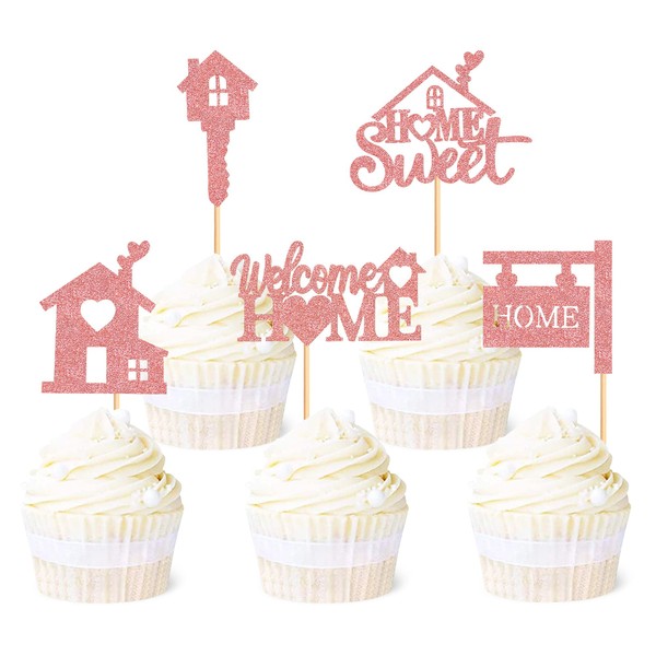 Ercadio Paquete de 30 adornos para cupcakes Sweet Home con purpurina de oro rosa para bienvenida a casa con cerradura de llave para inauguración de la casa, decoración de pasteles para fiesta temática del hogar
