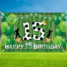 Soccer Happy 15th Birthday Banner Large Sport Themed Birthday Banner for Boys Kids Teens Sports Themed Party Decoration Supplies